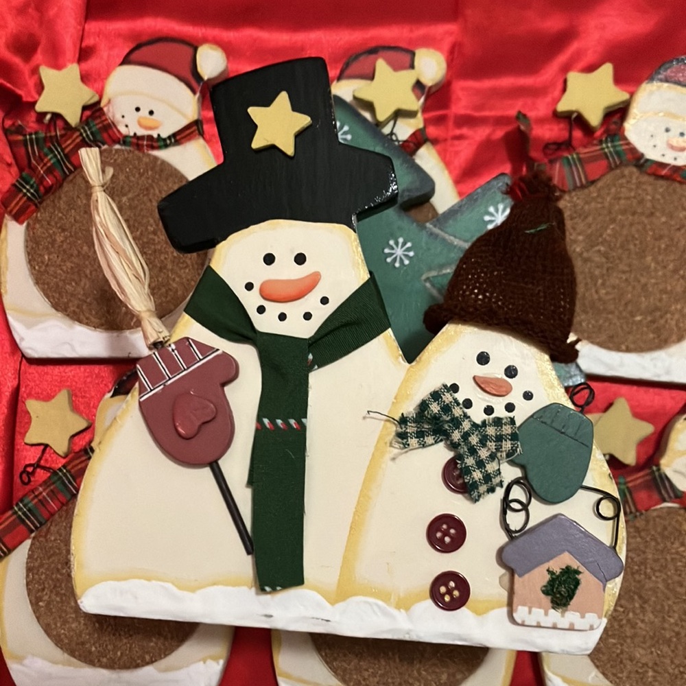 Hand painted Wood and Cork Christmas Snowman Coasters